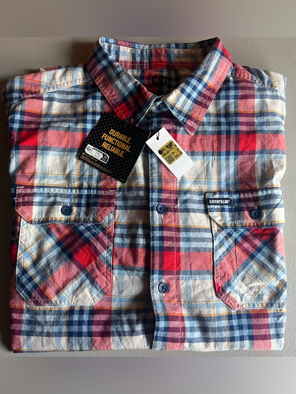 Caterpillar Red, Blue & White Plaid Button-Down Short Sleeve Work Shirt - Medium
